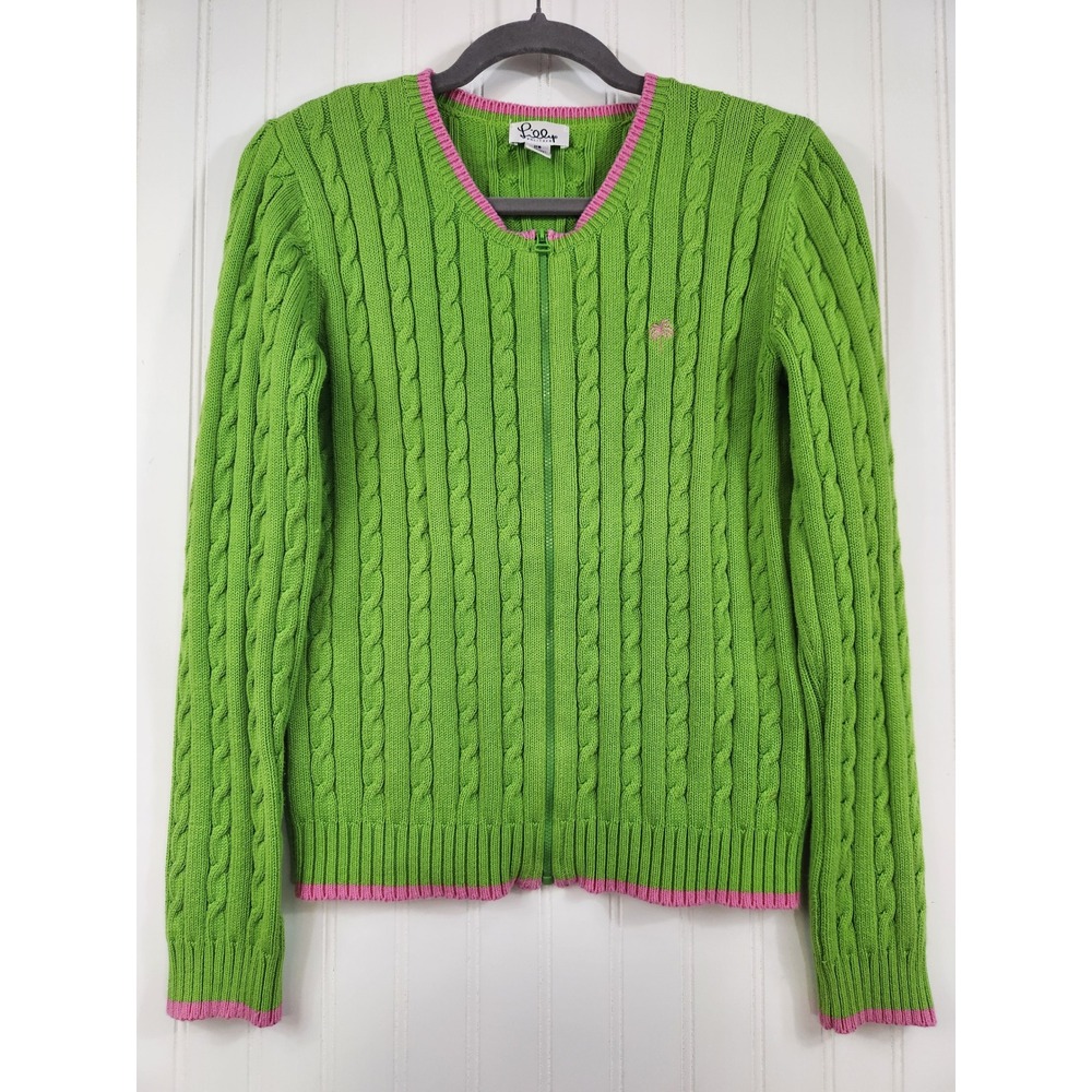 Lilly Pulitzer Lime Green Pink Trim Cable Knit Full Zip Cardigan Sweater XS